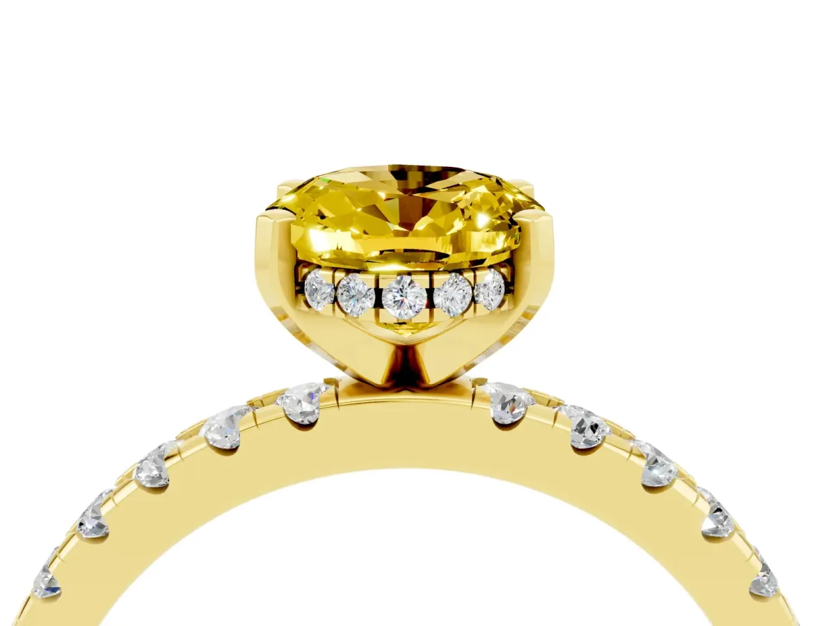 Oval Cut Yellow Sapphire Solitaire Ring with Round Pavé Band and Four-Prong Setting Yellow gold