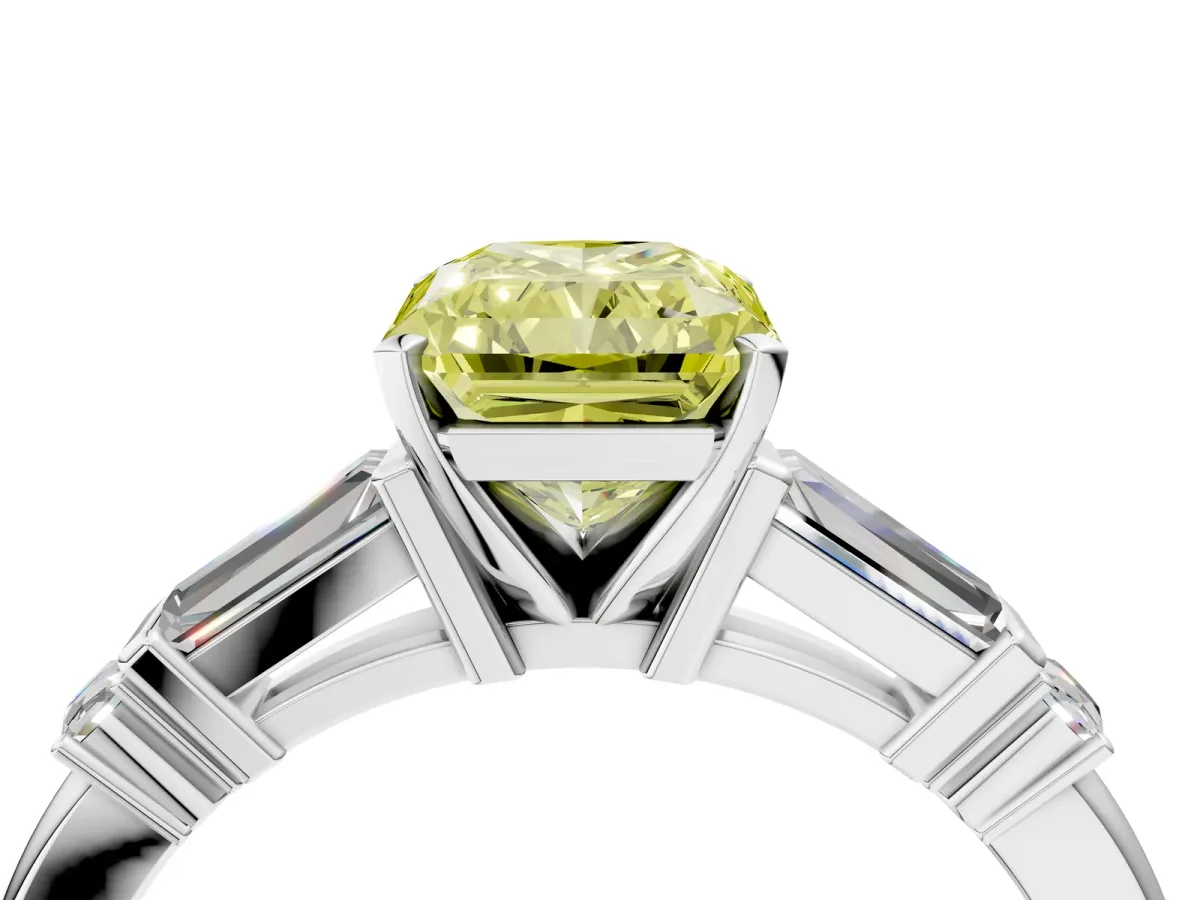 Fancy Yellow Radiant Cut Cut Diamond Ring with Baguette Side Stones, Channel Set Band, and Four-Prong Setting Platinum