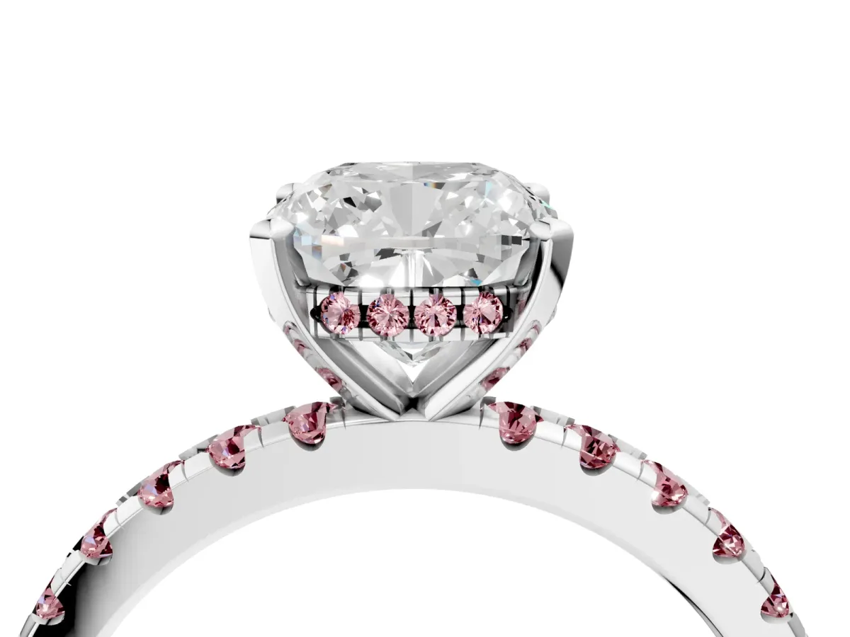 Cushion Cut Diamond Solitaire Ring with Round Morganite Pavé Band and Four-Prong Setting White gold