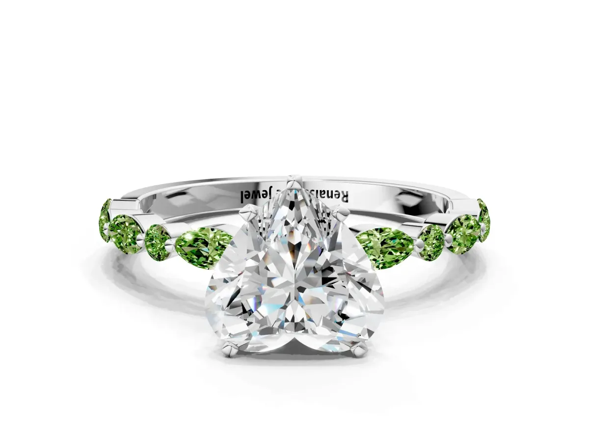 Heart Cut Diamond Ring with Marquise and Round Peridot Side Stones and Four-Prong Setting White gold