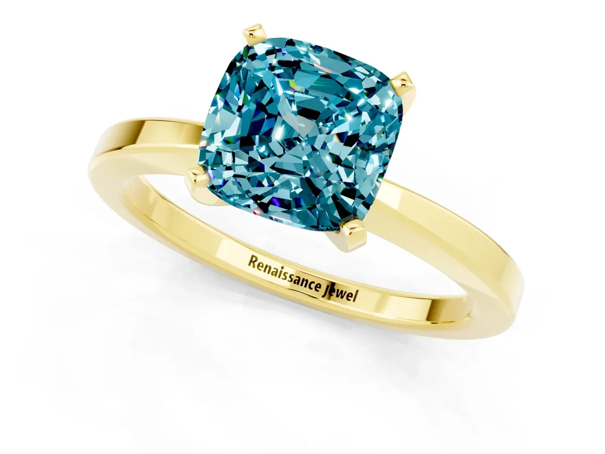 Cushion Cut Blue Topaz Solitaire Engagement Ring with Classic Band and Four-Prong Setting Yellow gold