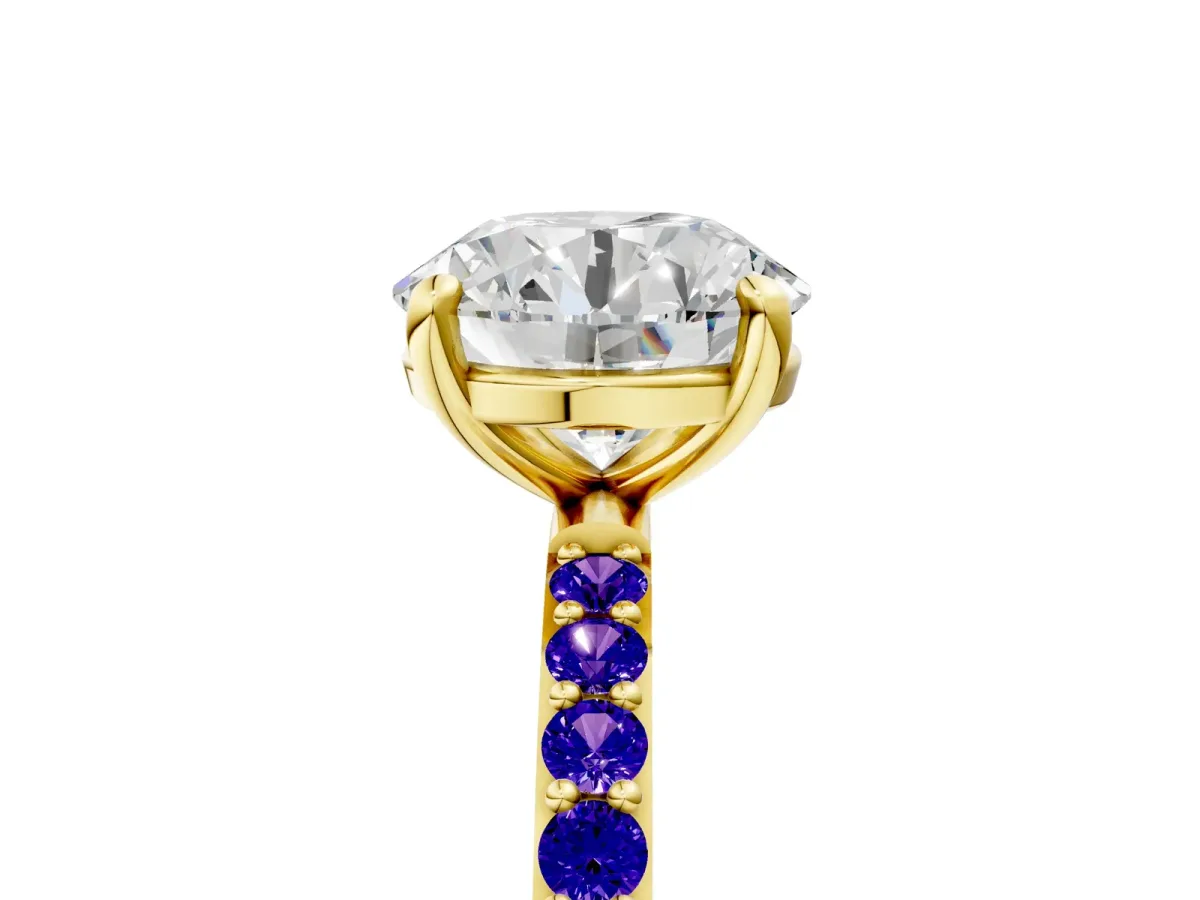 Round Cut Diamond Solitaire Ring with Round Tanzanite Pavé Band and Prong Setting Yellow gold