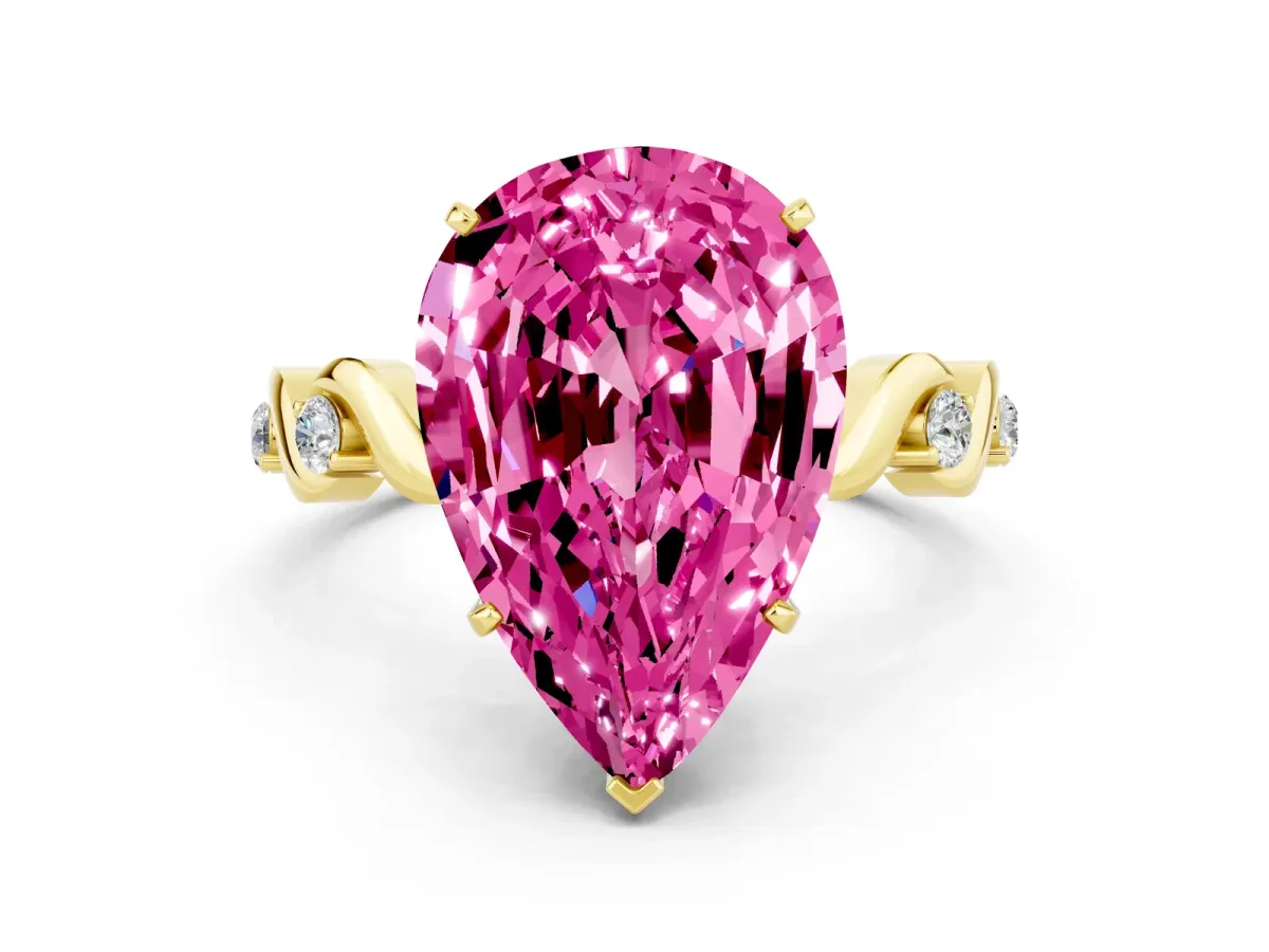 Pear Cut Pink Sapphire Solitaire Twisted Band with Round Accents and Prong Setting Yellow gold