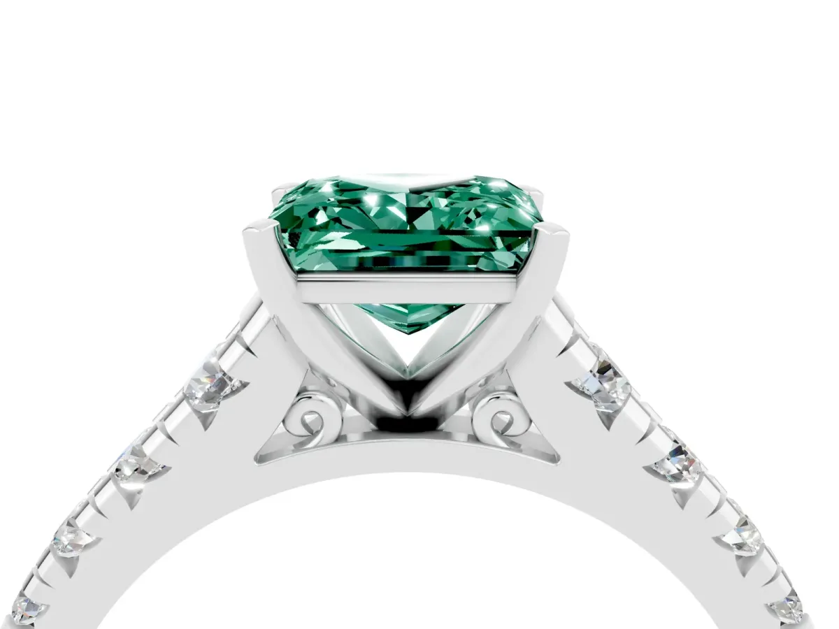 Princess Cut Green Sapphire Cathedral Solitaire Ring with Round Pavé Band White gold