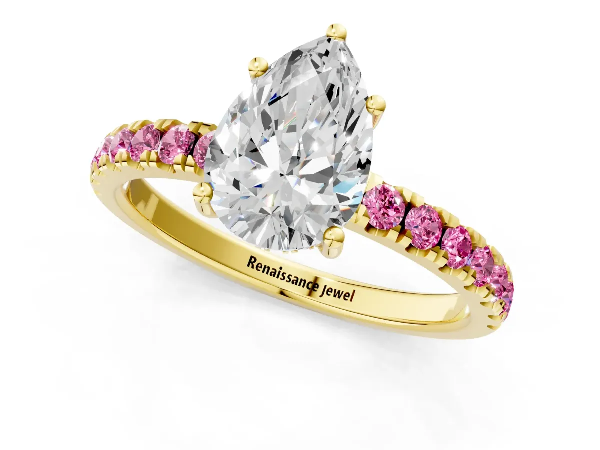 Pear Cut Diamond Pave Band Solitaire Ring with Round Pink Sapphire and Prong Setting Yellow gold