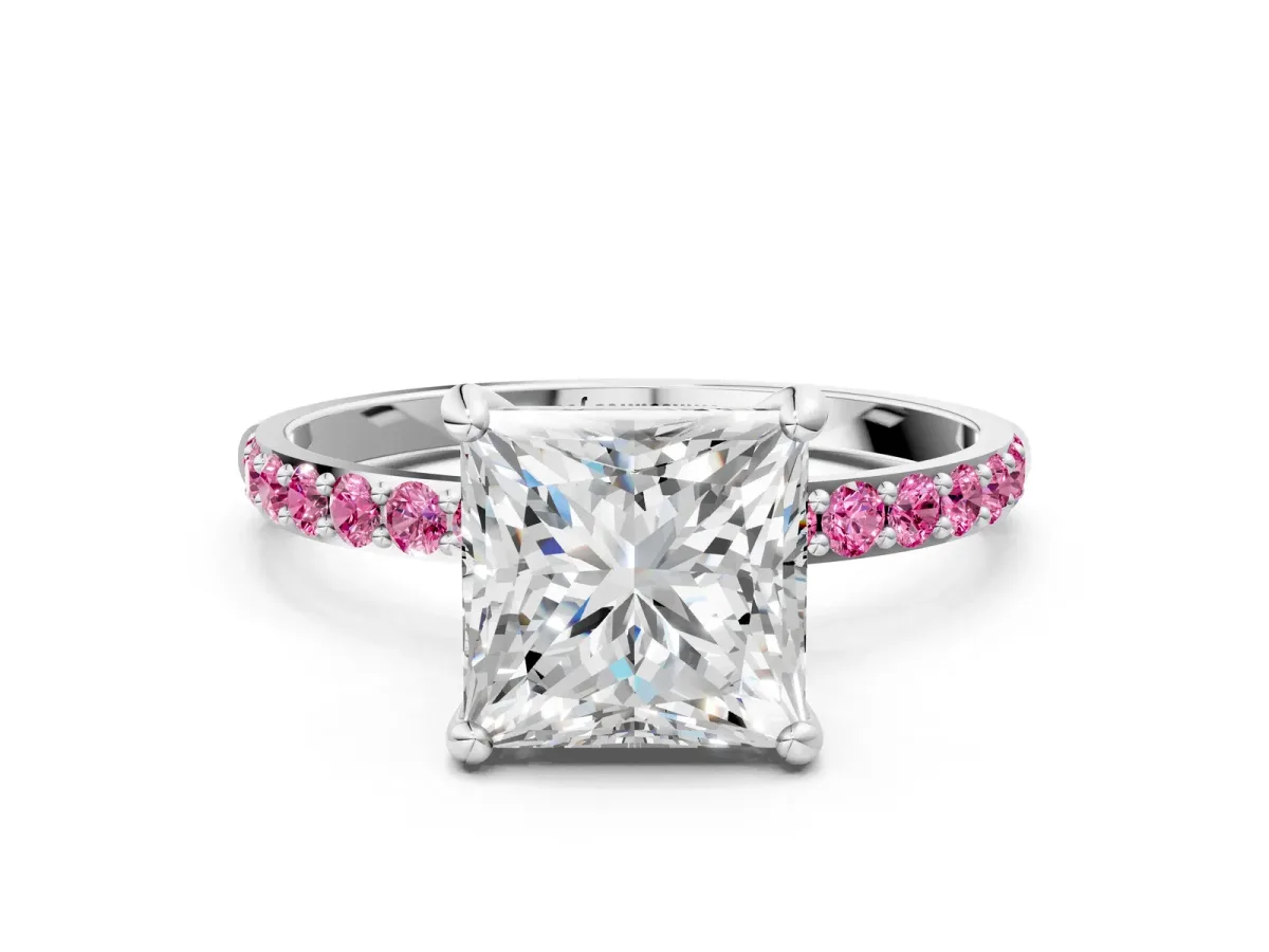 Princess Cut Diamond Solitaire Ring with Round Pink Sapphire Pavé Band and Prong Setting White gold
