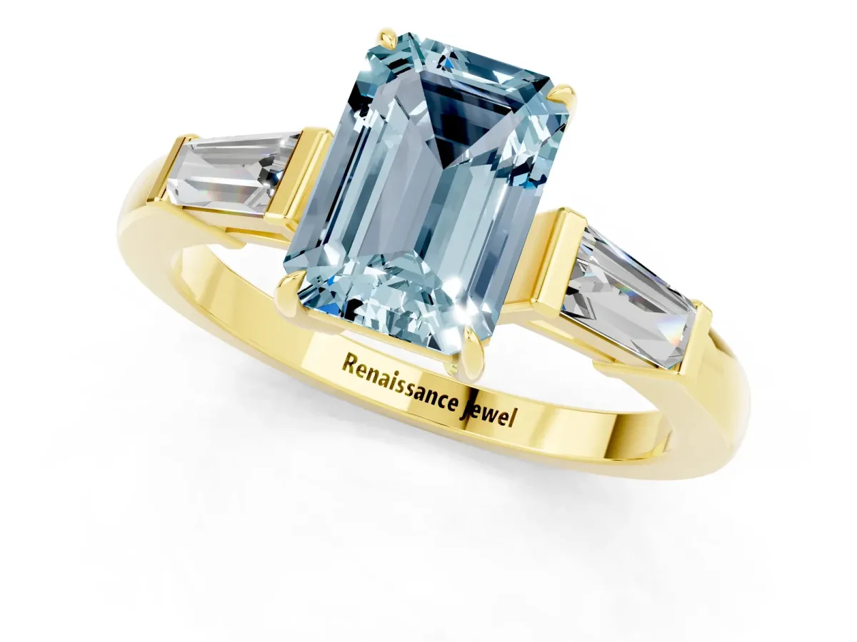 Emerald Cut Aquamarine Three-Stone Ring with Tapered Baguette Side Stones and Prong Setting Yellow gold