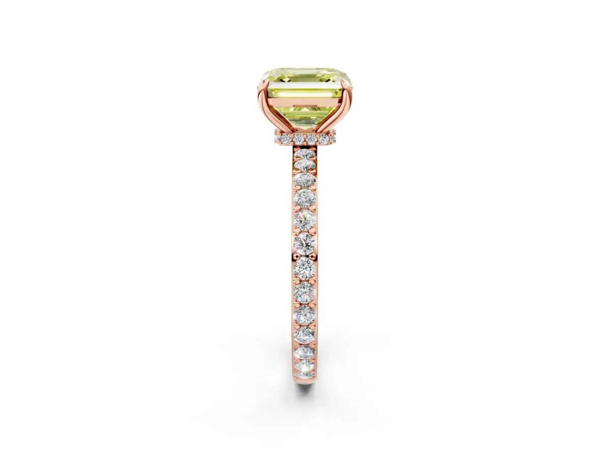 Fancy Yellow Asscher Cut Diamond Solitaire Engagement Ring with Pavé Band and Four-Prong Setting Rose gold