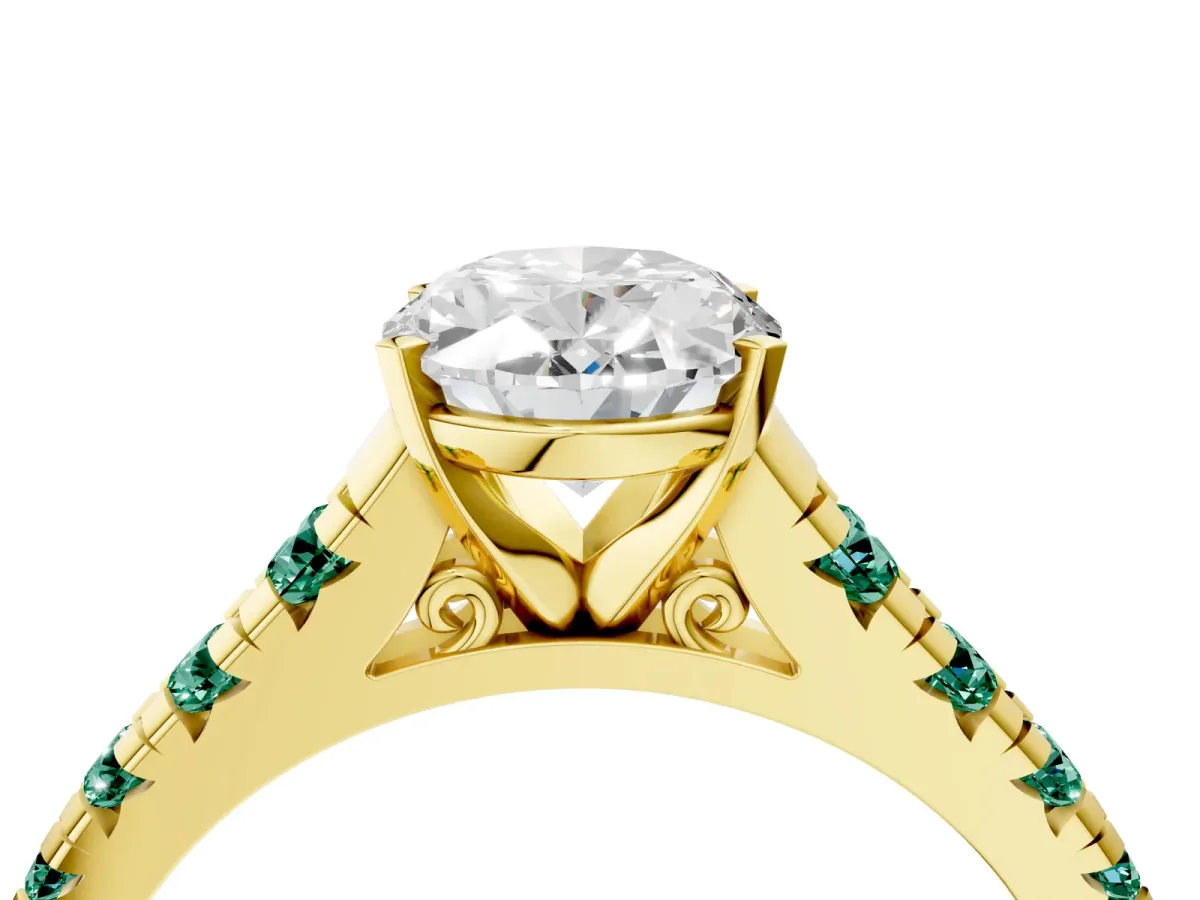 Oval Cut Diamond Cathedral Solitaire Ring with Round Green Sapphire Pavé Band Yellow gold