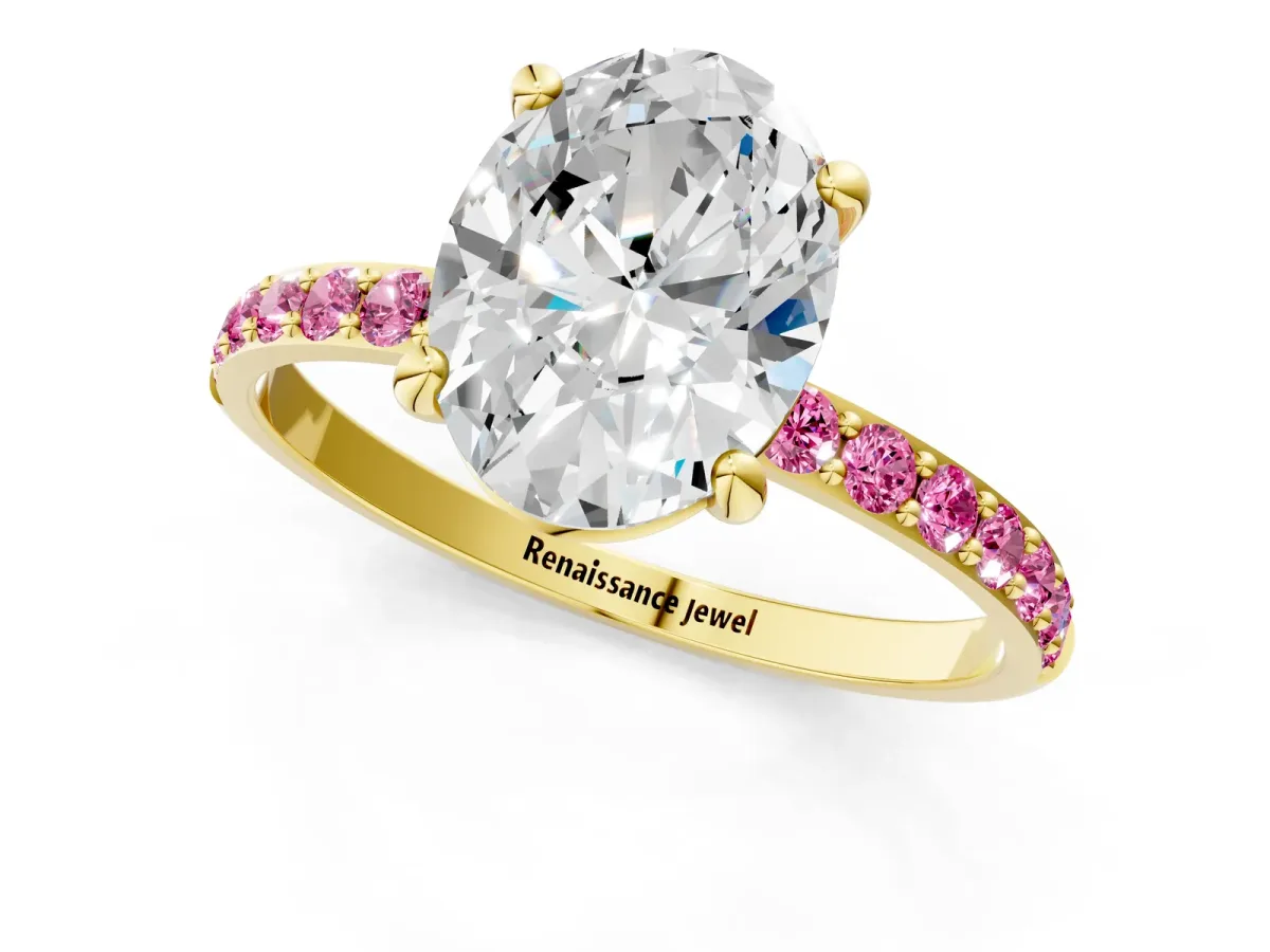 Oval Cut Diamond Solitaire Ring with Round Pink Sapphire Pavé Band and Prong Setting Yellow gold