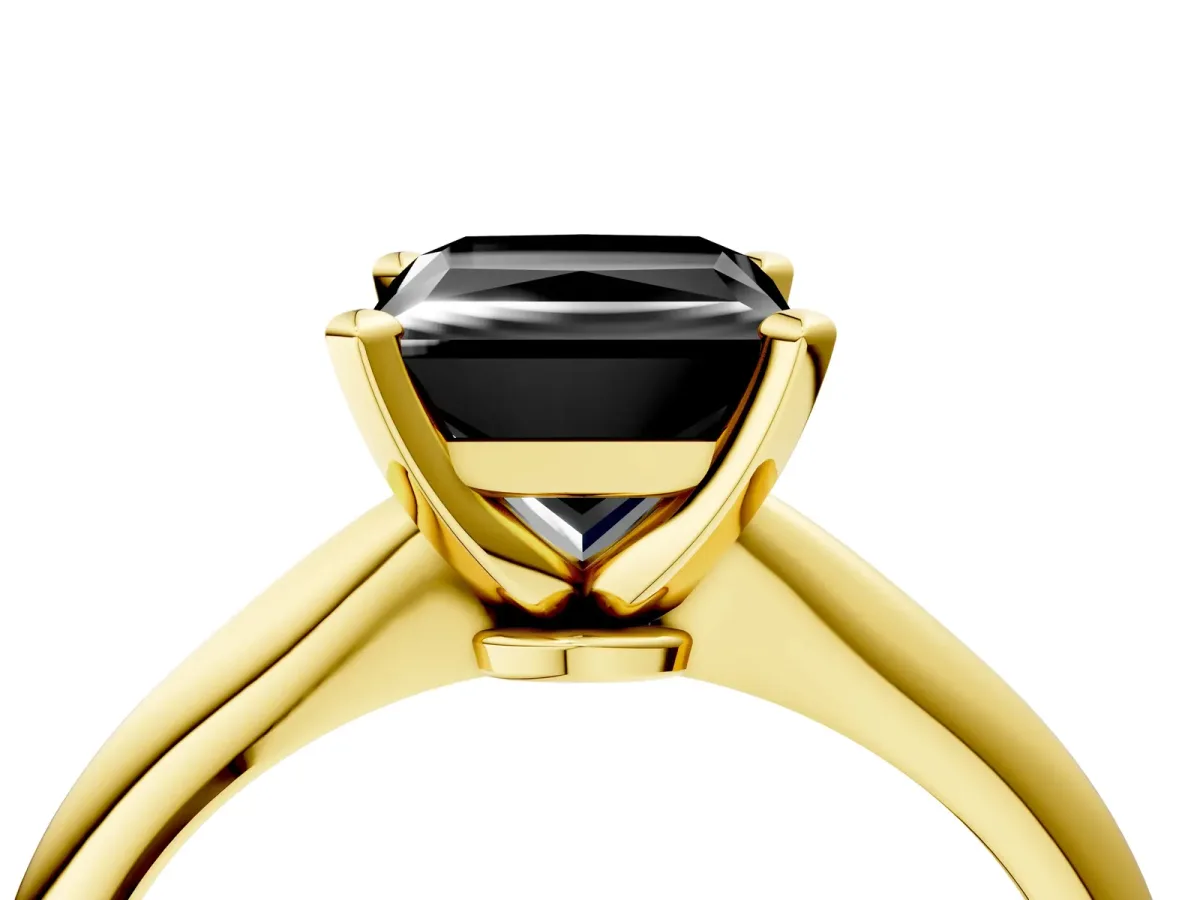 Fancy Black Princess Cut Diamond Solitaire Engagement Ring with Classic Band and Four-Prong Setting Yellow gold