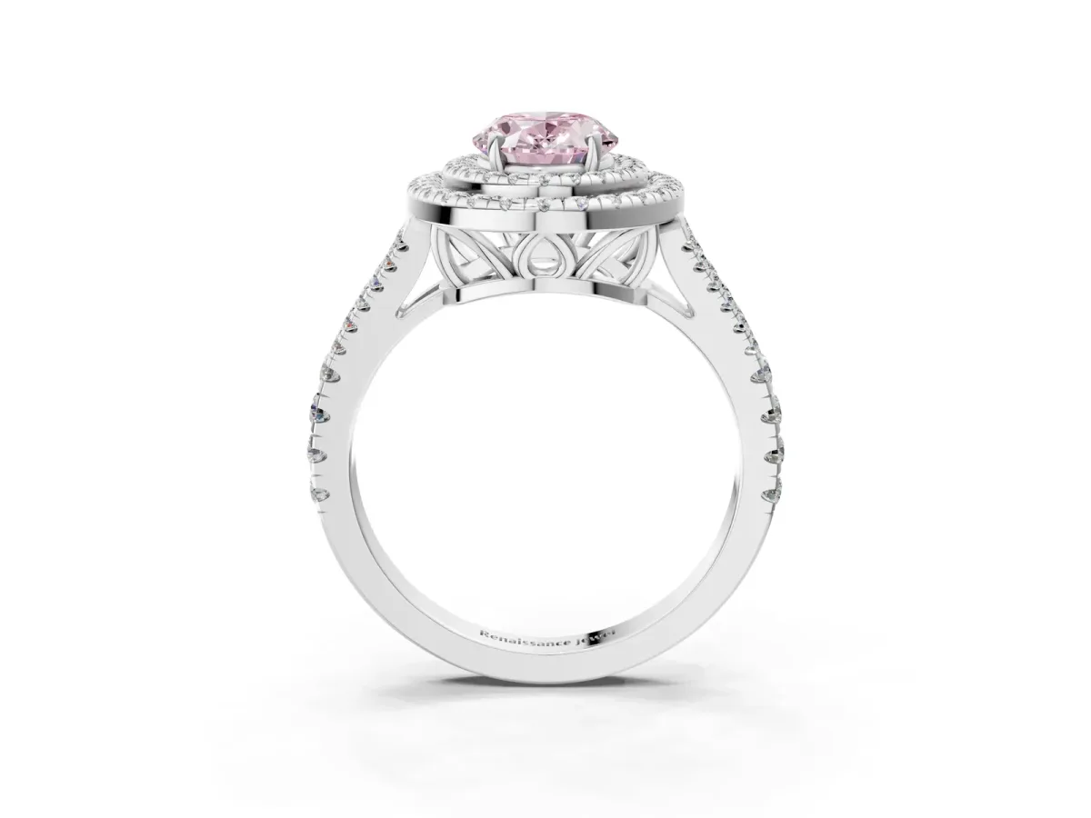 Fancy Pink Oval Cut Diamond Double Halo Ring with Pavé Band and Prong Setting Silver