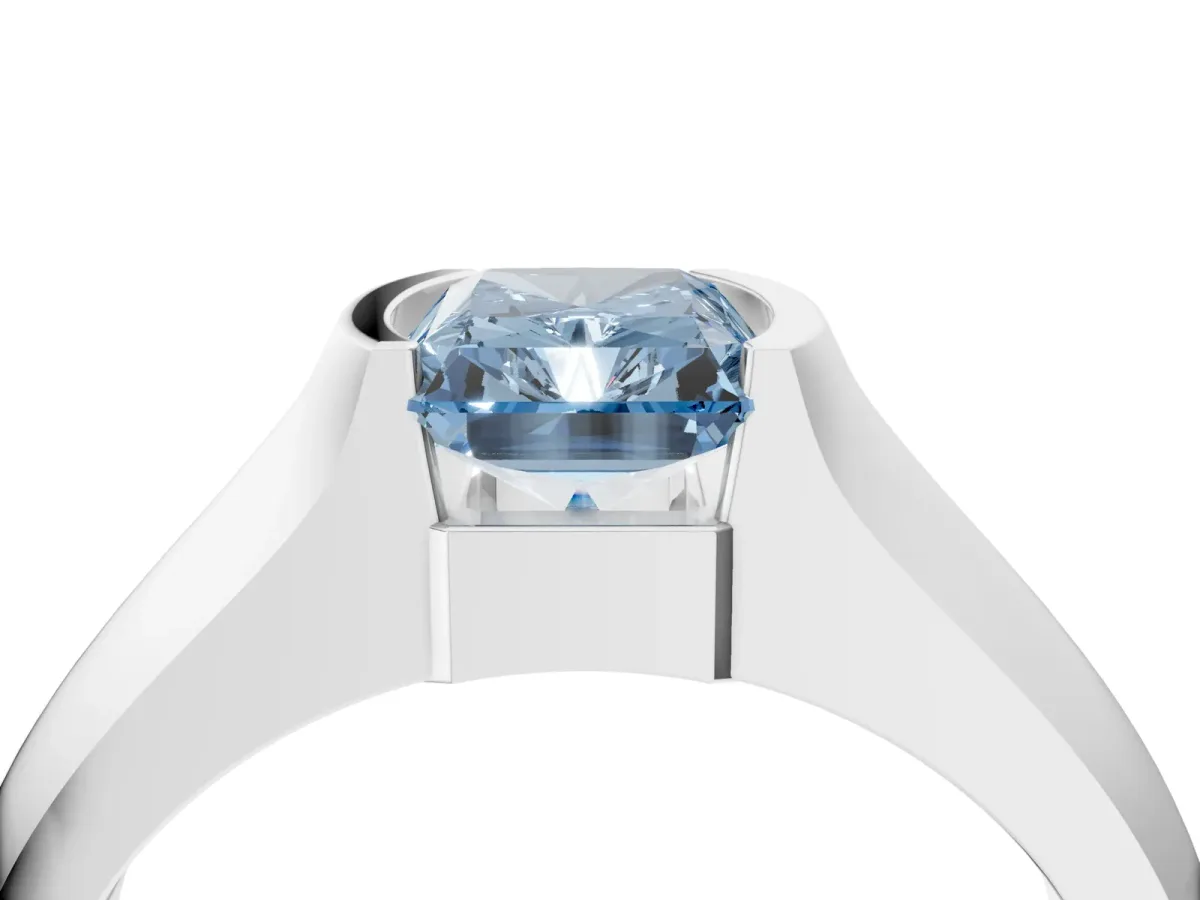 Fancy Blue Radiant Cut Solitaire Bezel Set Diamond Ring with Wide Band Platinum
