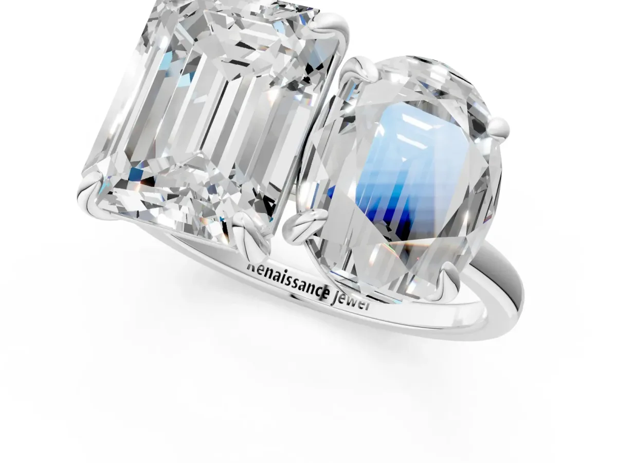 Oval and Emerald Toi Moi Ring with Prong Setting and Plain Band White gold