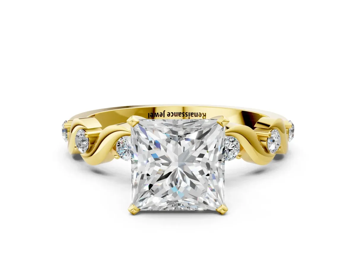 Princess Cut Diamond Solitaire Twisted Band with Round Accents and Prong Setting Yellow gold