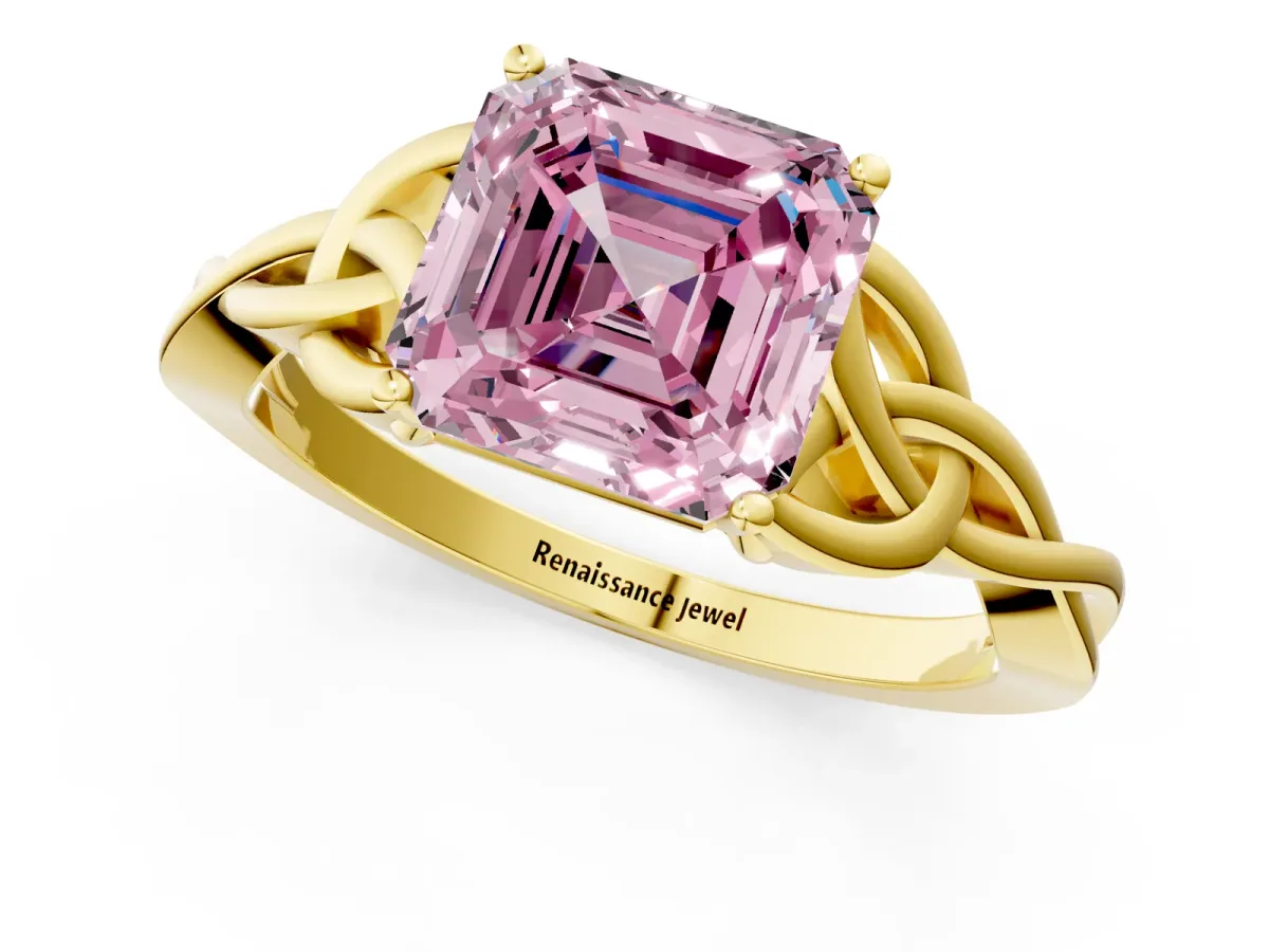 Fancy Pink Asscher Cut Diamond Solitaire Engagement Ring with Celtic Knot Band and Four-Prong Setting Yellow gold