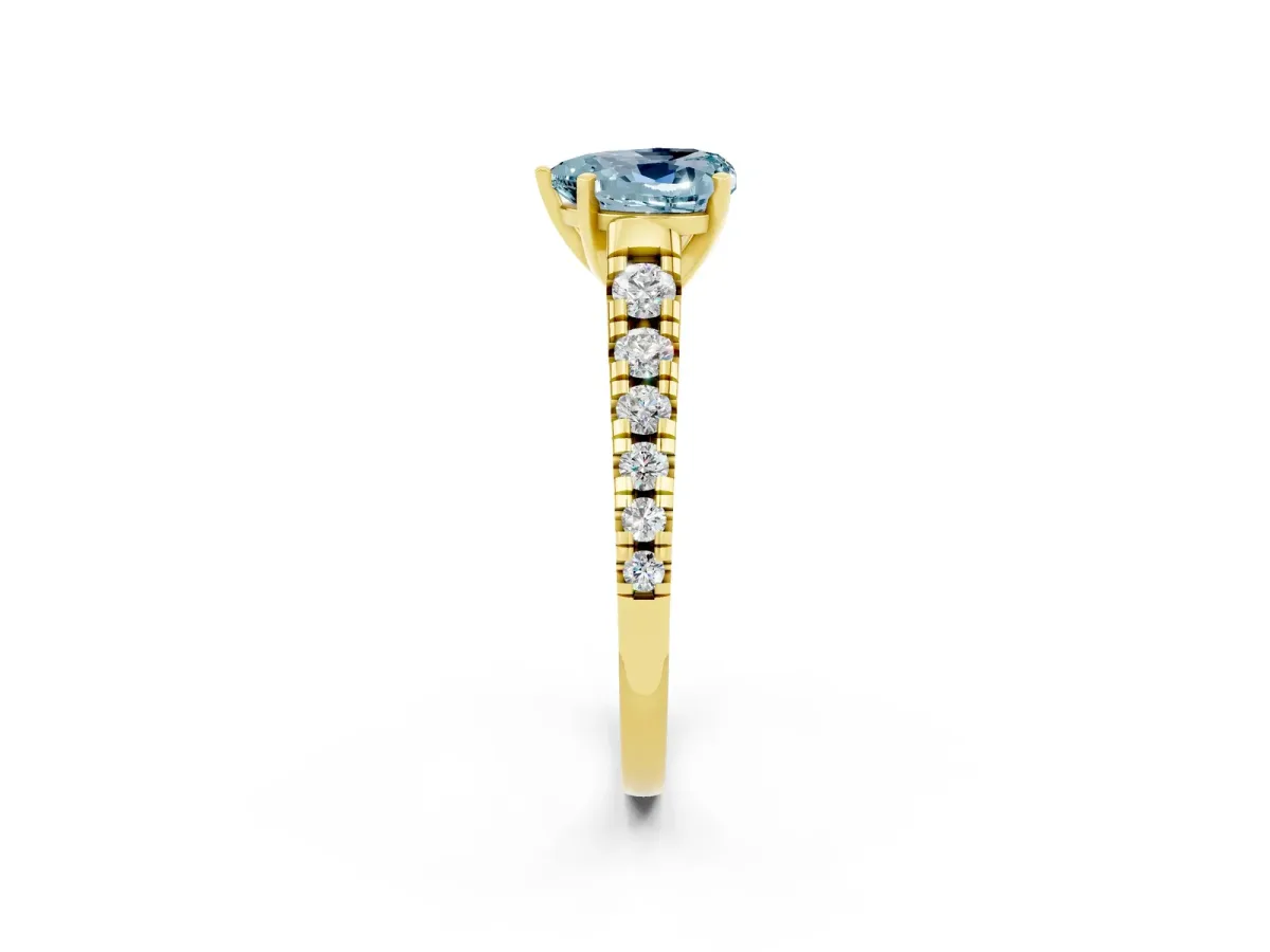 Heart Cut Aquamarine Cathedral Solitaire Ring with Round Pavé Band Yellow gold