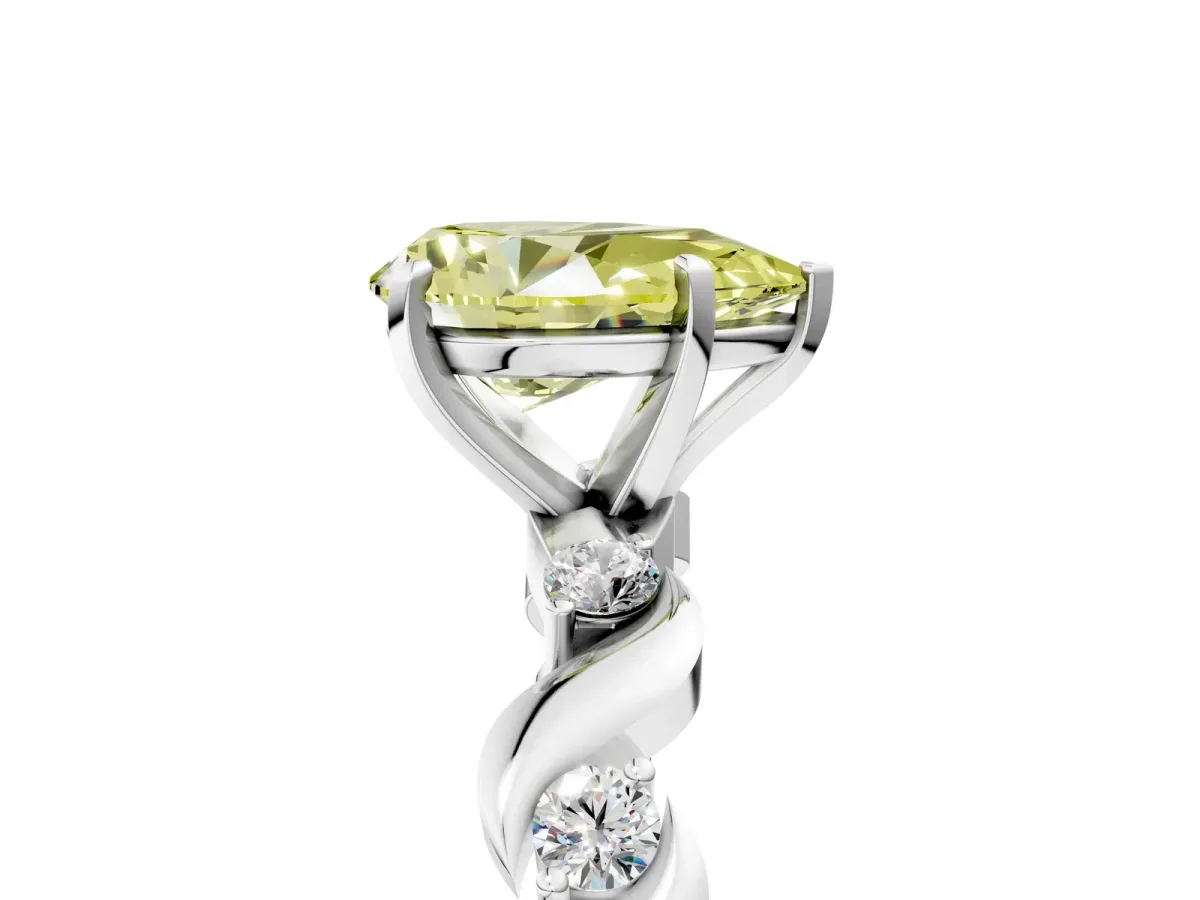 Fancy Yellow Pear Cut Diamond Solitaire Twisted Band with Round Accents and Prong Setting White gold