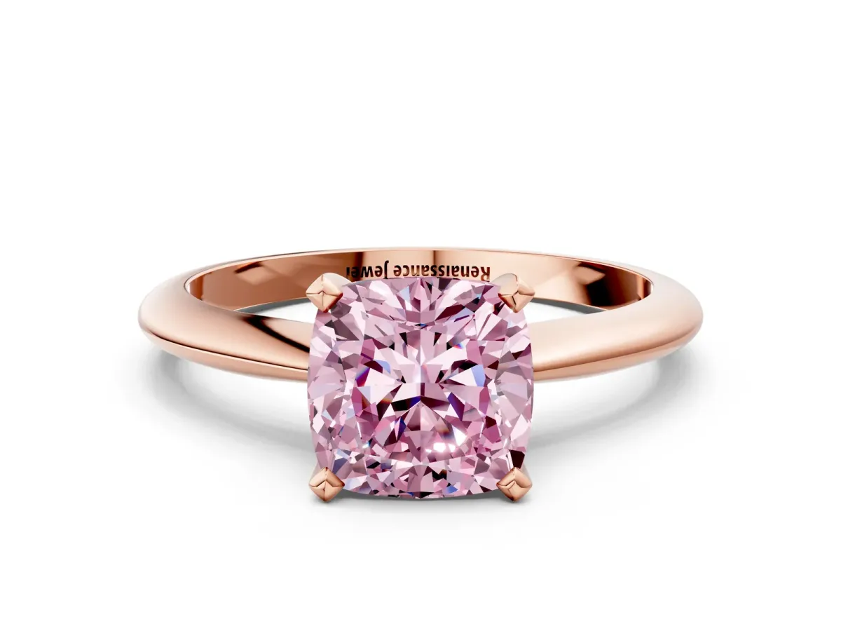 Fancy Pink Cushion Cut Diamond Solitaire Engagement Ring with Classic Band and Four-Prong Setting Rose gold