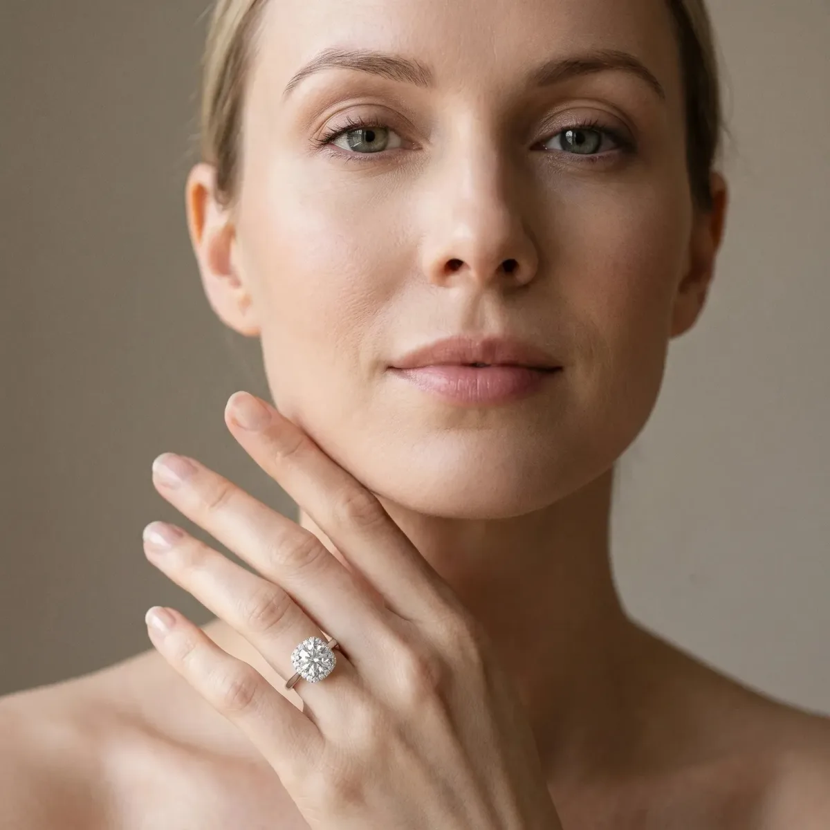 Asscher Cut Halo Round Diamond Solitaire Engagement Ring with Pave Band and Four-Prong Setting Platinum