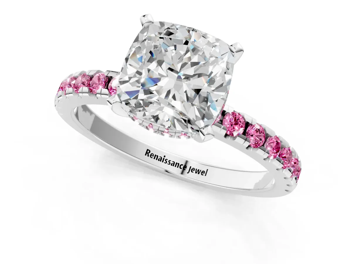 Cushion Cut Diamond Solitaire Ring with Round Pink Sapphire Pavé Band and Four-Prong Setting White gold