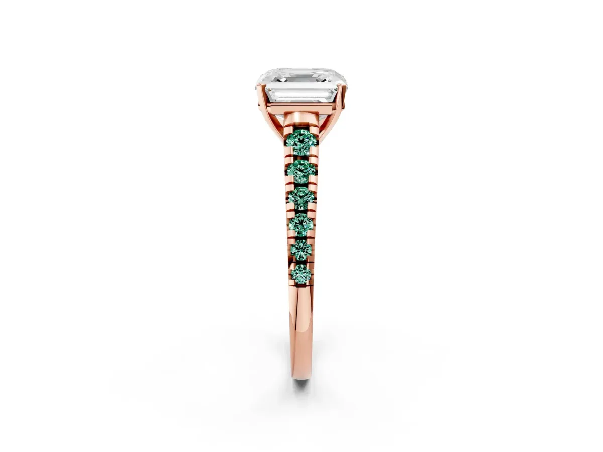 Asscher Cut Diamond Cathedral Solitaire Ring with Round Green Sapphire Pavé Band Rose gold