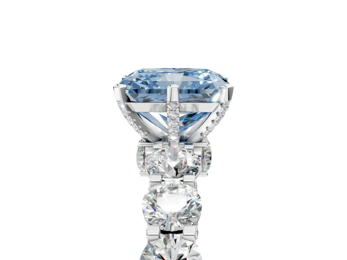 Fancy Blue Radiant Cut Diamond Side Stone Engagement Ring with Four-Prong Setting White gold