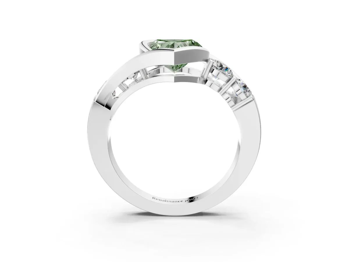 Fancy Green Bezel Set Heart Cut Diamond Bypass Ring with Round Accents Platinum