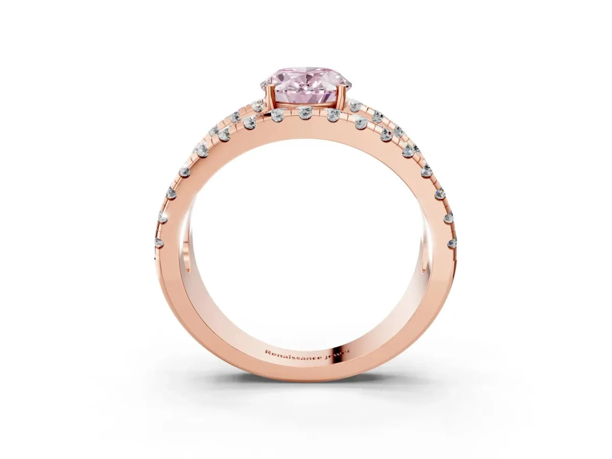 Fancy Pink Oval Cut Solitaire Split Shank Pave Diamond Ring Rose gold
