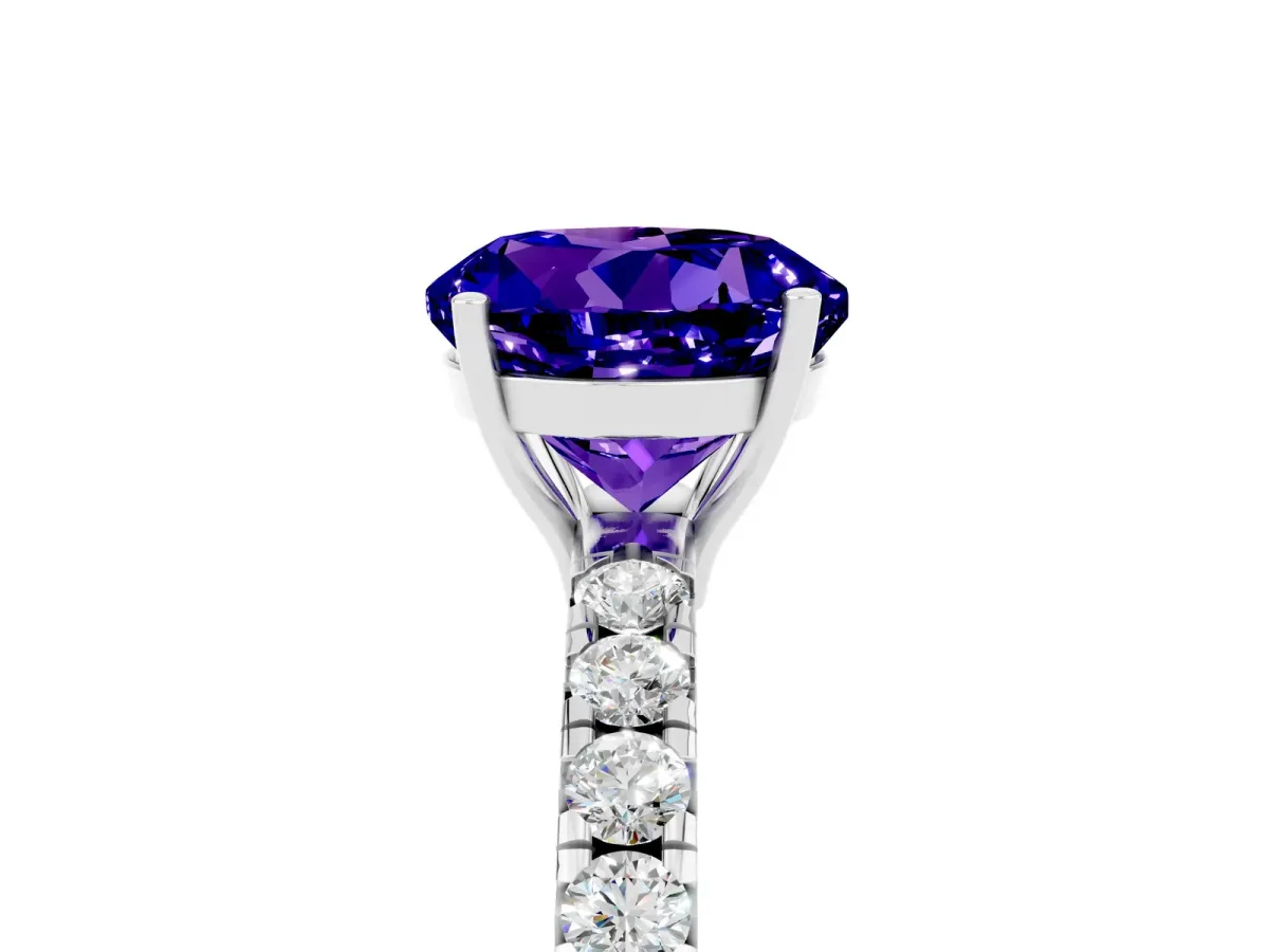 Round Cut Tanzanite Pavé Solitaire Engagement Ring with Four-Prong Setting Silver
