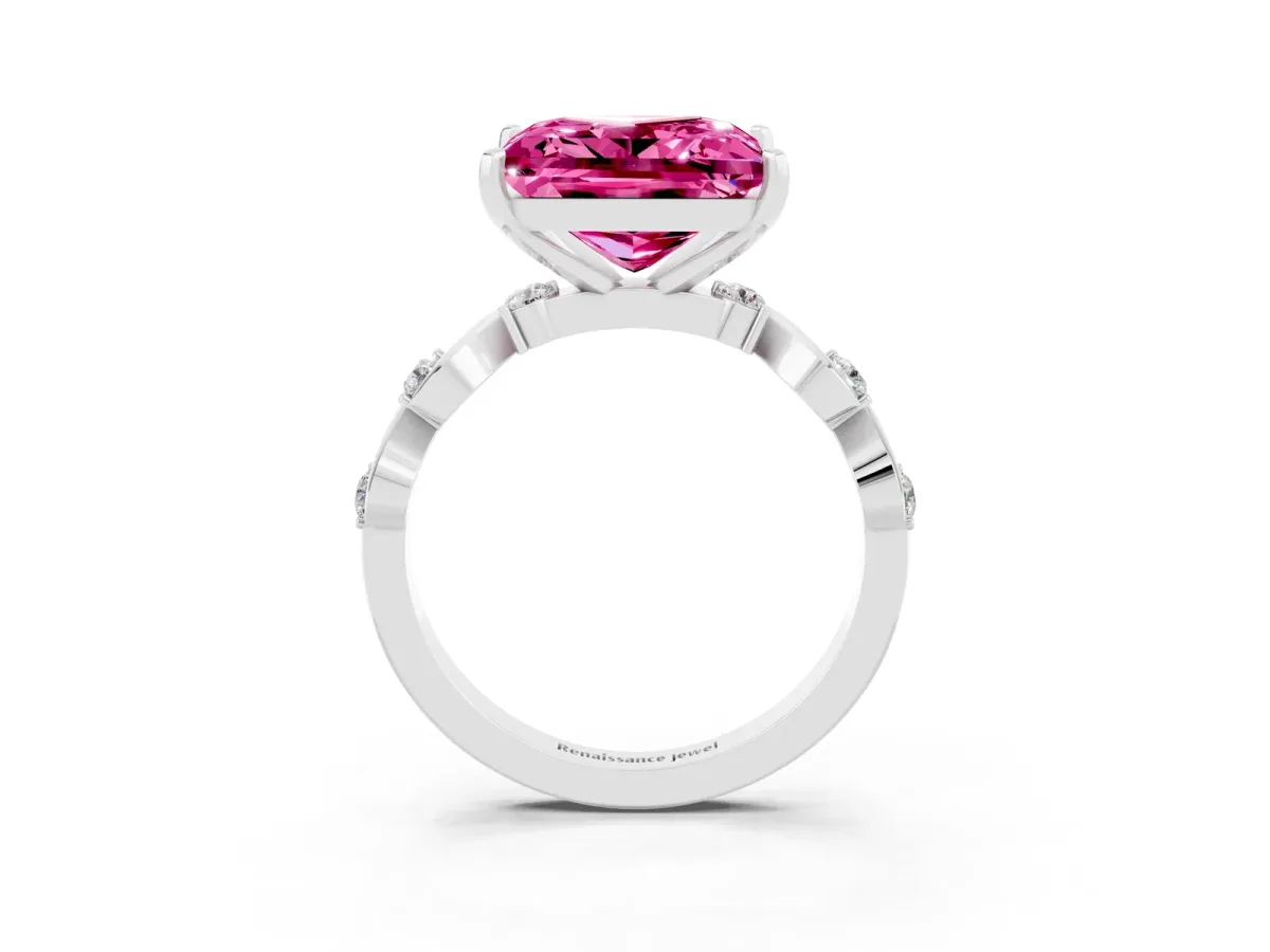 Princess Cut Pink Sapphire Solitaire Twisted Band with Round Accents and Prong Setting Platinum