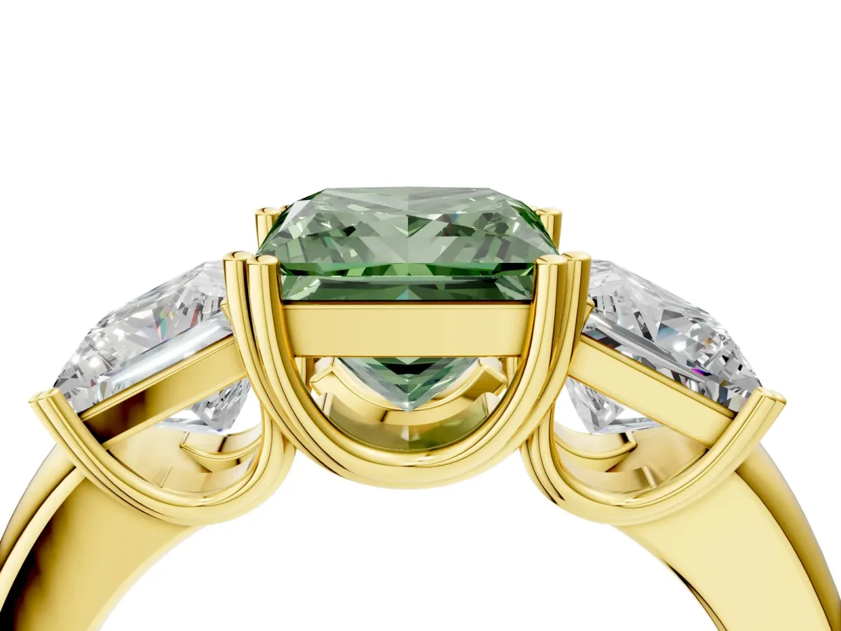 Fancy Green Three-Stone Princess Cut Cut Diamond Ring with Channel Set Band and Four-Prong Setting Yellow gold
