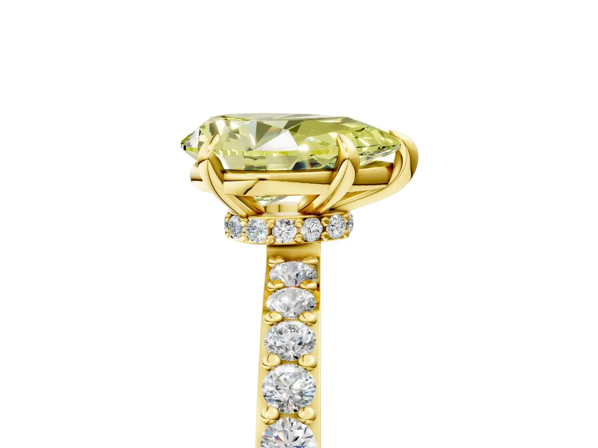 Fancy Yellow Pear Cut Diamond Solitaire Engagement Ring with Pavé Band and Four-Prong Setting Yellow gold