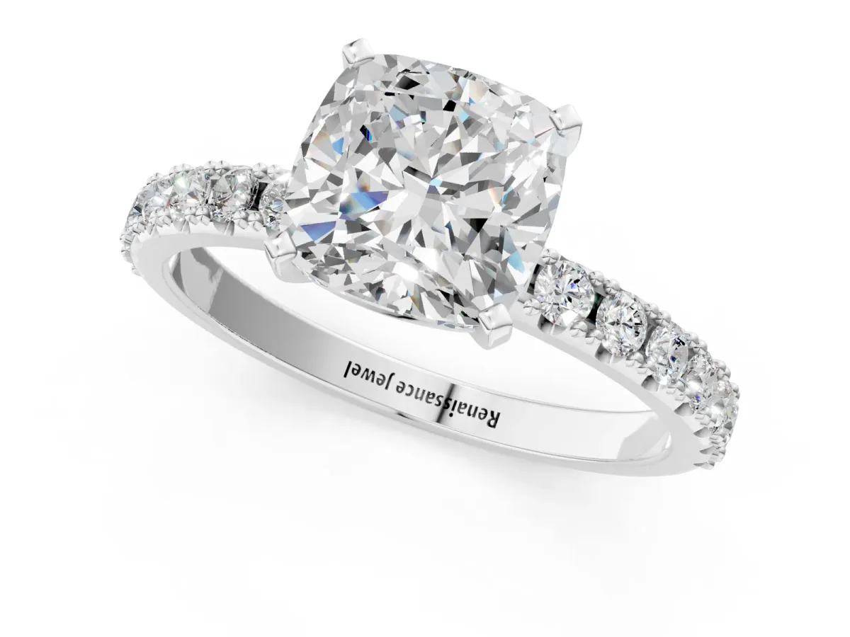 Cushion Cut Diamond Solitaire Pavé Band with Four-Prong Setting Silver