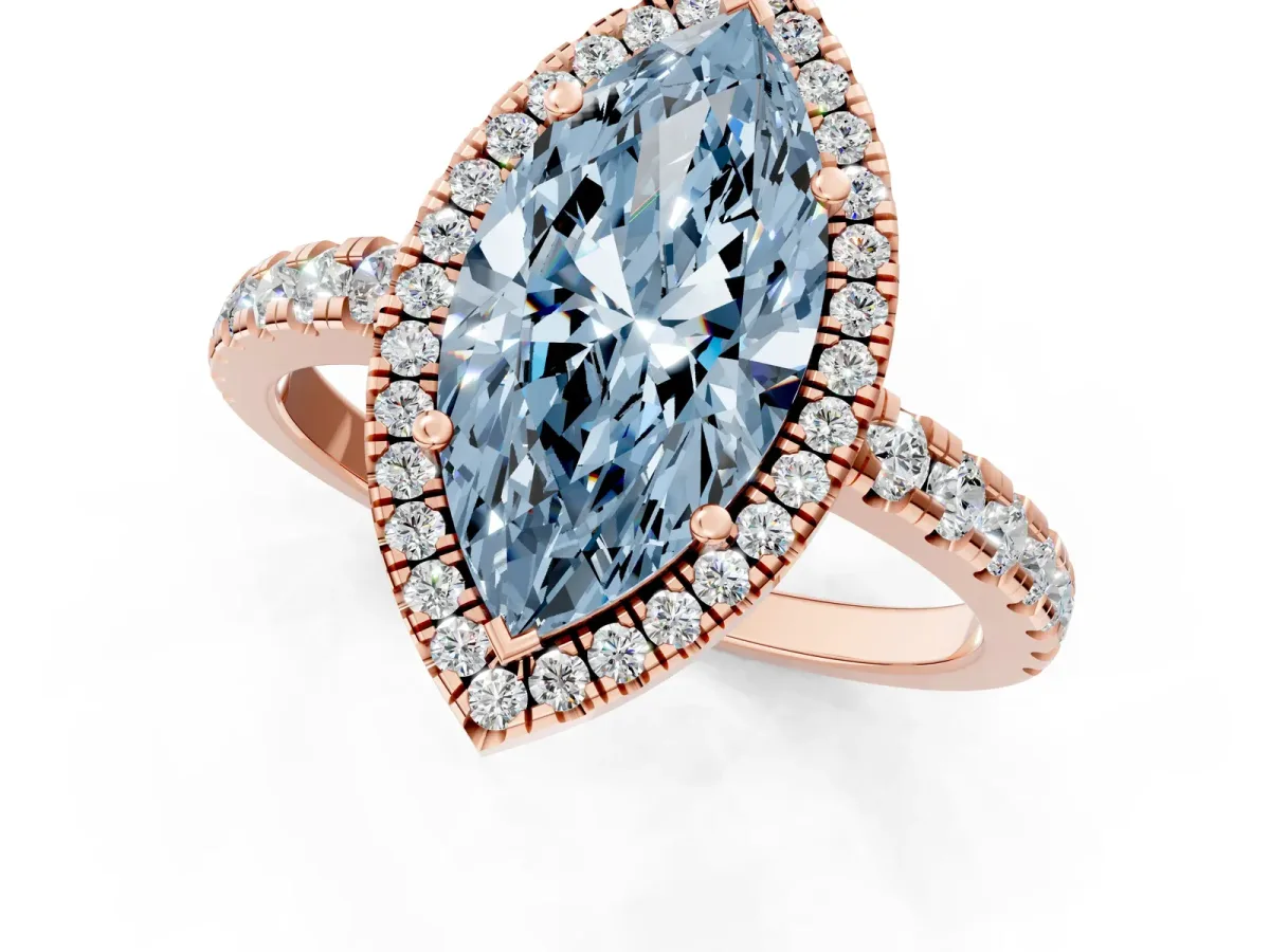 Fancy Blue Marquise Cut Diamond Halo Ring with Pavé Band and Four-Prong Setting Rose gold