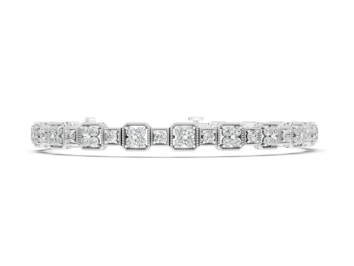 Vintage Milgrain Diamond Tennis Bracelet with Round Cut Stones and Prong Setting Silver