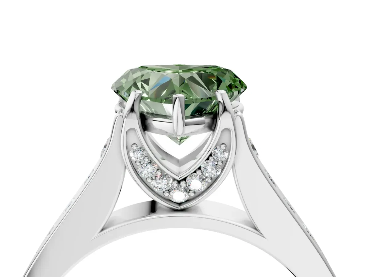 Fancy Green Heart Cut Brilliant Cut Diamond Engagement Ring with Pavé Band and Four-Prong Setting Platinum