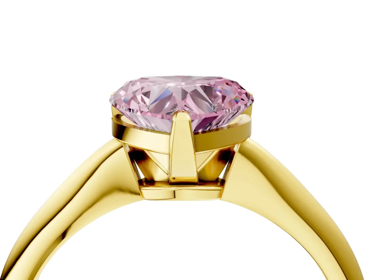 Fancy Pink Heart Cut Diamond Solitaire Engagement Ring with Classic Band and Four-Prong Setting Yellow gold