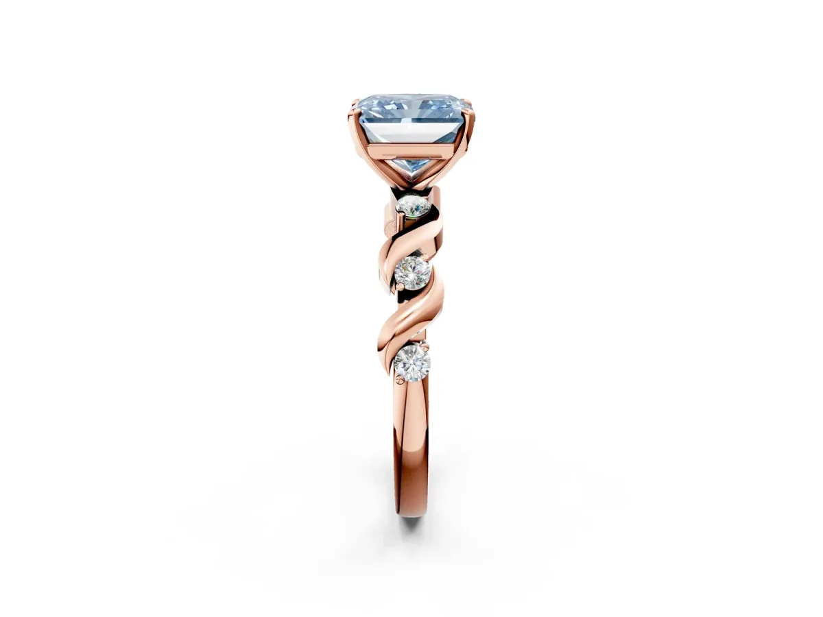 Fancy Blue Radiant Cut Diamond Solitaire Twisted Band with Round Accents and Prong Setting Rose gold