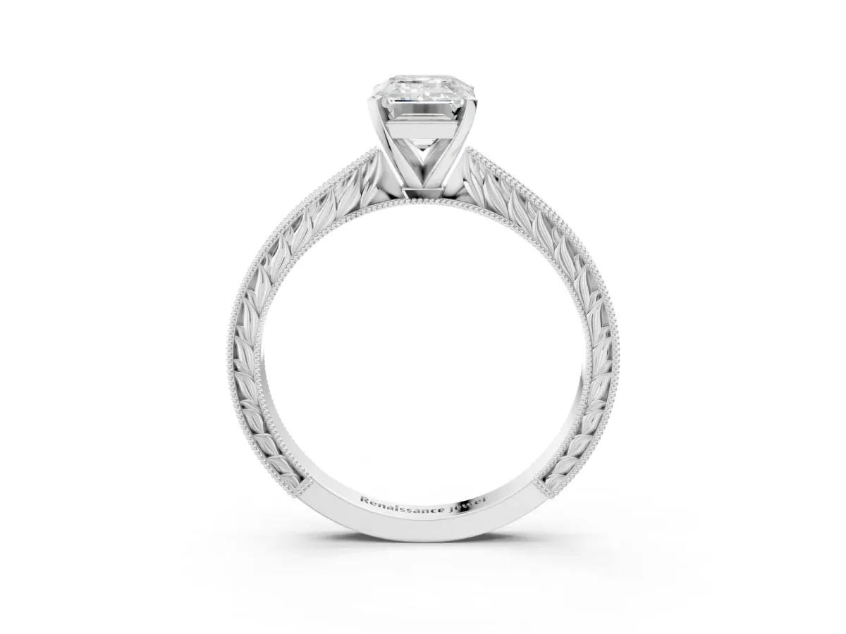 Emerald Cut Solitaire Milgrain Engraved Band with Four-Prong Setting White gold