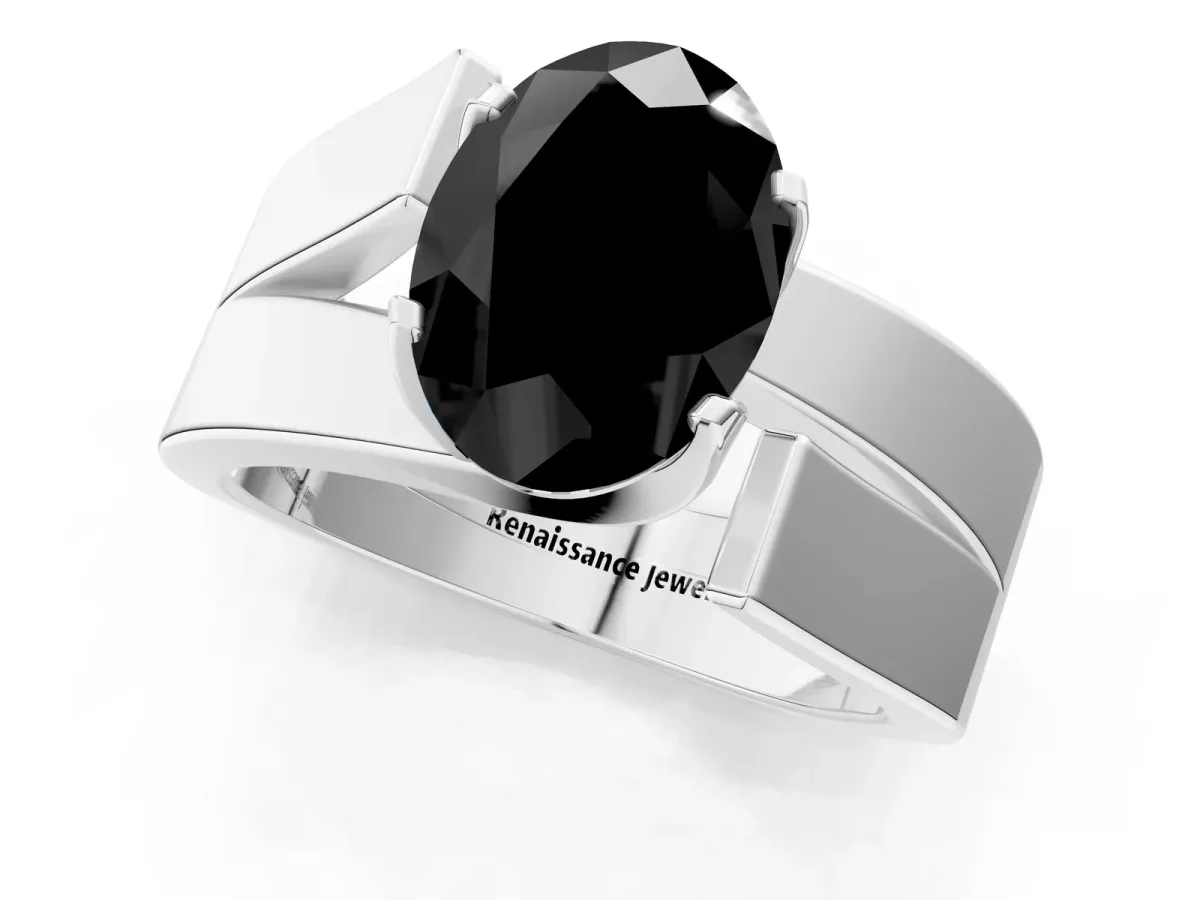 Fancy Black Modern Tension Set Oval Cut Diamond Solitaire Wide Band Ring Silver