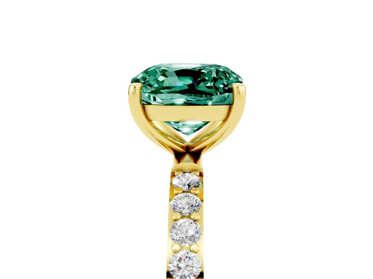 Cushion Cut Green Sapphire Solitaire Ring with Round Pavé Band and Prong Setting Yellow gold