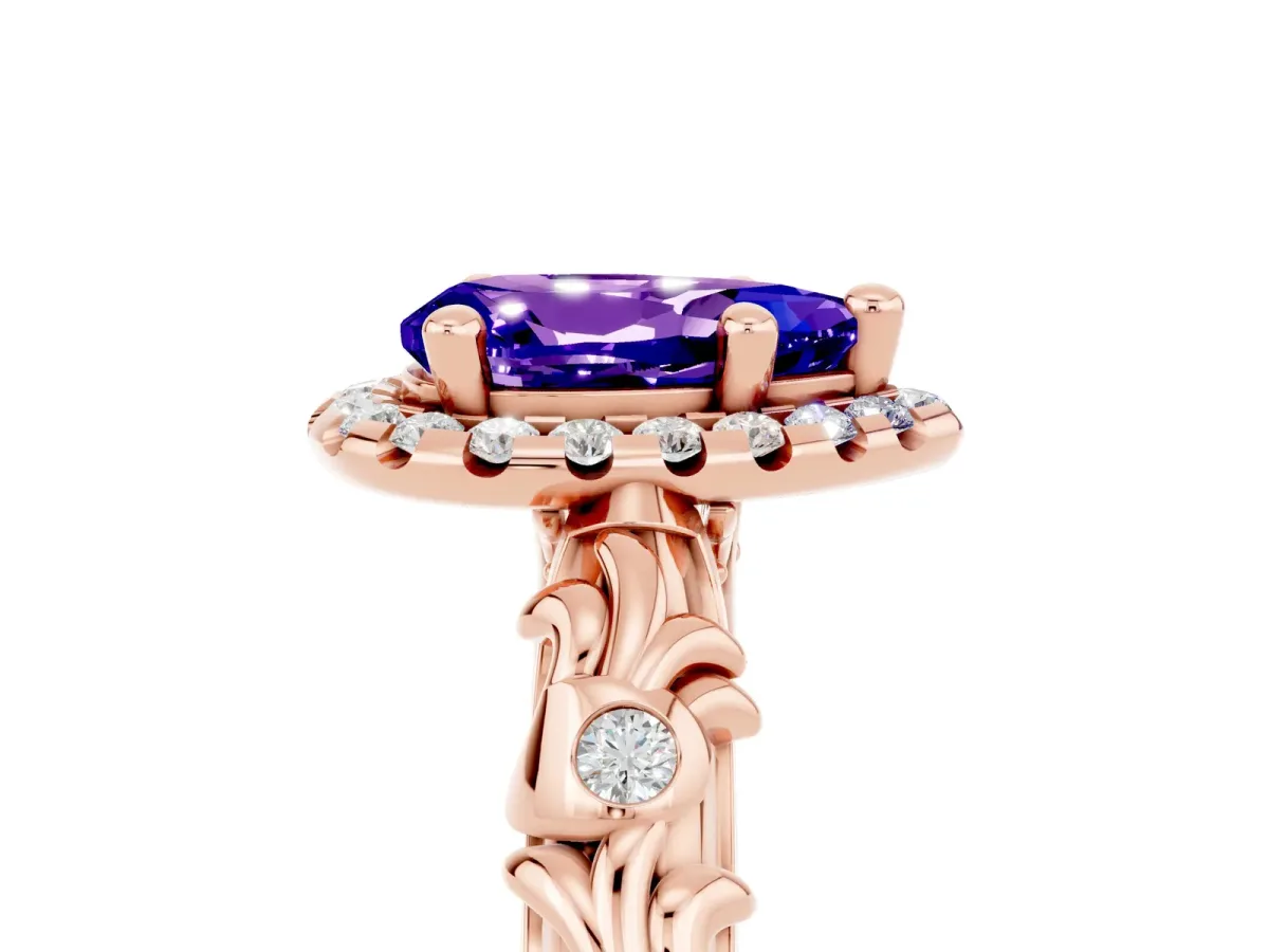 Pear Cut Tanzanite Halo Ring with Filigree Band and Prong Setting Rose gold