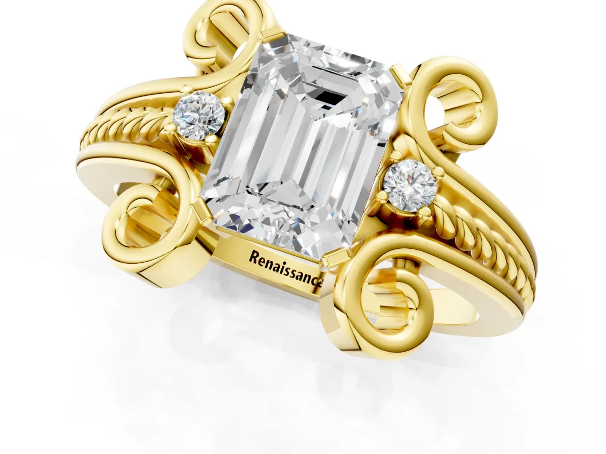 Emerald Cut Solitaire Twisted Band Scroll Prong Ring Yellow gold