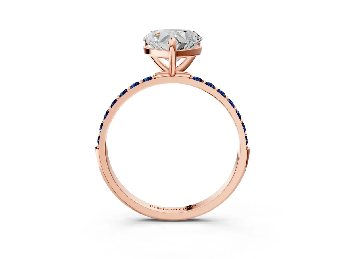 Heart Cut Diamond Solitaire Ring with Round Blue Sapphire Pavé Band and Prong Setting Rose gold