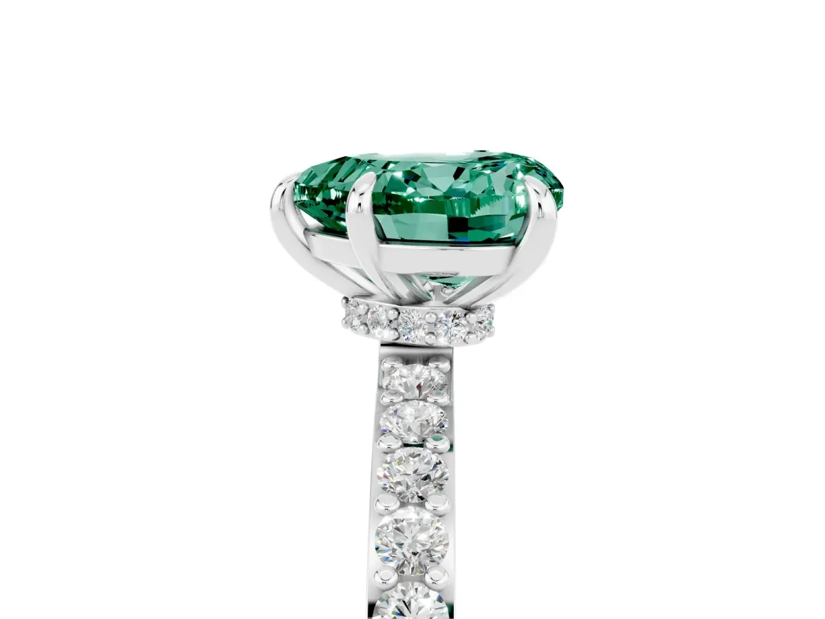 Heart Cut Green Sapphire Solitaire Engagement Ring with Pavé Band and Four-Prong Setting White gold