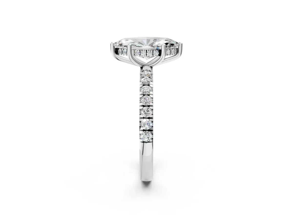 Marquise Cut Diamond Pave Band Solitaire Ring with Round Moissanite and Prong Setting White gold