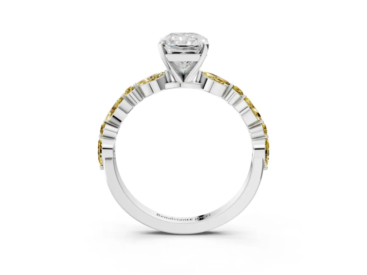 Radiant Cut Diamond Ring with Marquise and Round Yellow Sapphire Side Stones and Four-Prong Setting Silver