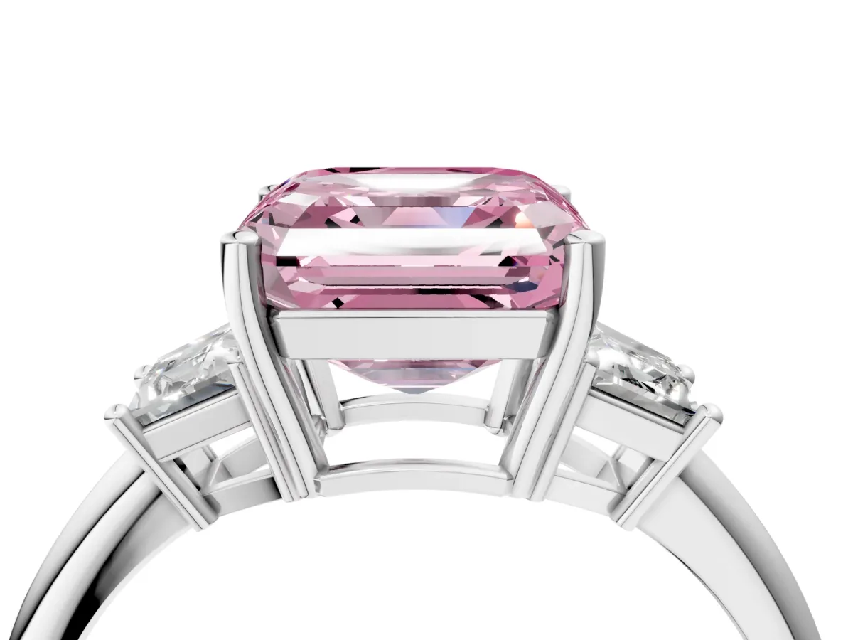 Fancy Pink Asscher Cut Diamond Three-Stone Ring with Trapezoid Side Stones and Prong Setting Silver