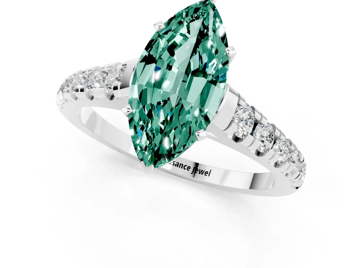 Marquise Cut Green Sapphire Cathedral Solitaire Ring with Round Pavé Band White gold